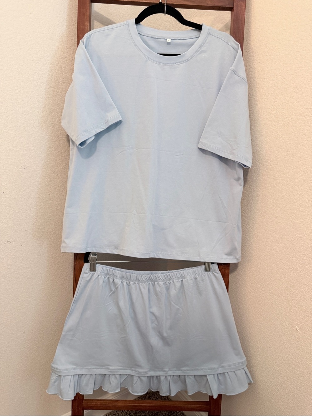 Relaxed Light Blue Skirty Set - Short Sleeve Top & Ruffle Hem Skirt Size L